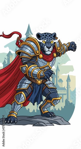 Anthropomorphic Black Leopard Knight in Ornate Armor.