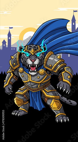 Fierce Black Panther Warrior in Ornate Armor and Blue Cape.