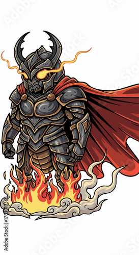 Mighty beetle knight in fiery stance with a flowing red cape and glowing eyes.