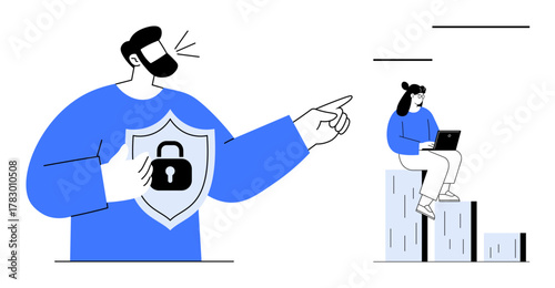 Man holding a shield with lock and pointing direction, woman using laptop while sitting on stacks. Ideal for cybersecurity, teamwork, strategy, digital security, online work, data protection