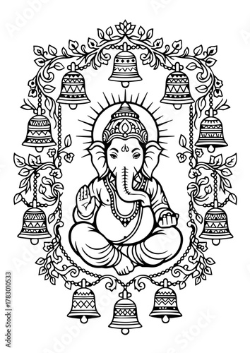 Ganesha sitting peacefully surrounded by ornate bells in a decorative frame, radiating spiritual calmness and traditional reverence.