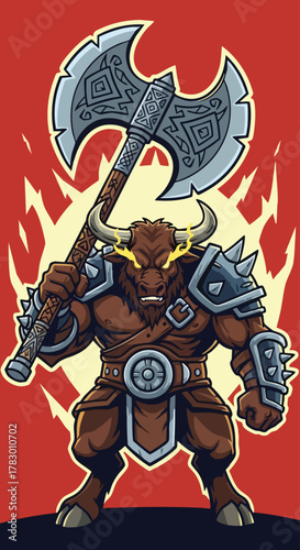 Mighty Minotaur Warrior with Giant Axe Fantasy Character.