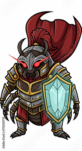 Armored beetle warrior with red eyes and shield ready for battle.