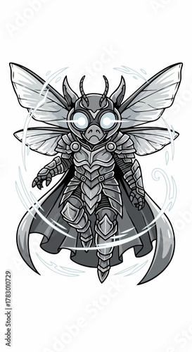 Mysterious Armored Insectoid Creature with Glowing Eyes and Wings Fantasy Illustration.