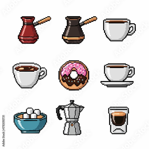 Pixel Art Coffee and Breakfast Items Collection.