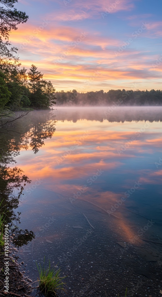 Fototapeta premium Vibrant pastel clouds reflect perfectly on a still lake surface shrouded in morning mist
