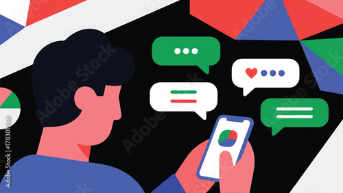 illustration vector someone learning a new language using a mobile app, with speech bubbles showing simple phrases.eps