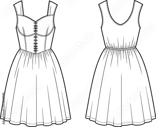 PrintFashion flat sketch of sleeveless corset-style dress with front hook closure and flared skirt, clothing template, fashion design, dress pattern, illustration, outline.