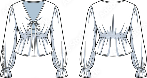 PrintFashion flat sketch of women blouse top with long puff sleeves, front tie bow, peplum waist design, technical drawing template.
