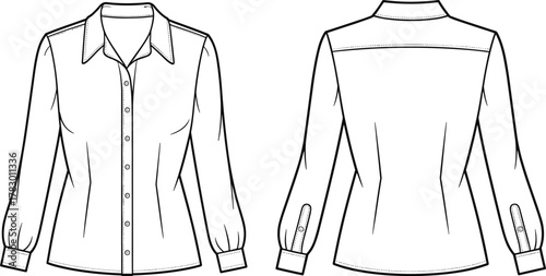 PrintFashion flat sketch of women button-up shirt with long sleeves, collar, cuffs, front and back technical clothing design illustration.