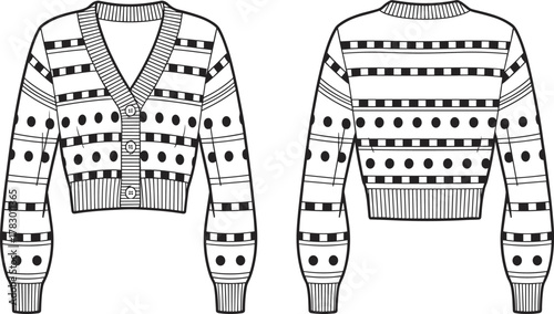 PrintFashion flat sketch of women button up cropped cardigan sweater, striped and dotted pattern design, front and back view, vector illustration
