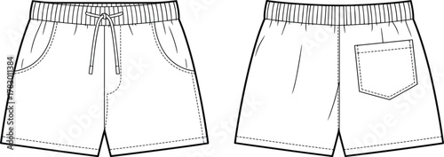 PrintFashion flat sketch of women casual shorts with elastic waistband, drawstring closure, side pockets, back patch pocket, summer clothing template.