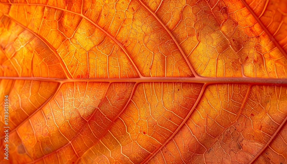 Obraz premium A single vibrant orange autumn leaf showing detailed vein patterns. Fall season nature macro photography