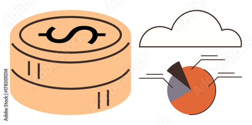 Coin stack with dollar sign, cloud, and pie chart elements symbolizing financial analysis, investment, and data sharing. Ideal for finance, savings, cloud economy, analytics technology business