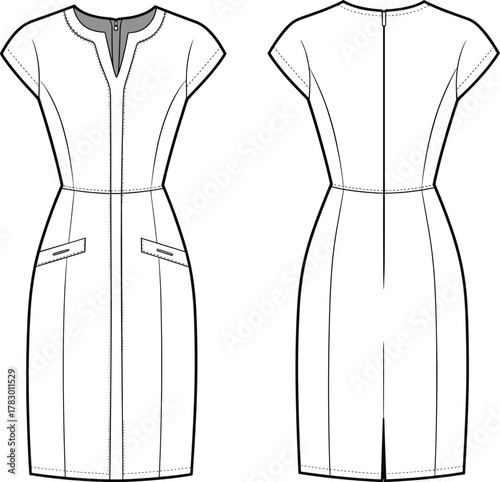PrintFashion flat sketch of women sheath dress with short sleeves, front zipper, pocket detail, professional clothing design, vector illustration template