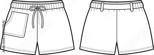 PrintFashion flat sketch of women shorts with elastic waistband, drawstring front tie, side pocket, casual summer clothing design template illustration.