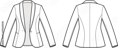 PrintFashion flat sketch of women’s blazer front and back view, elegant formal jacket technical drawing, professional apparel design template