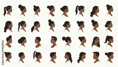 Set of women vector cartoon character faces icon illustration with diverse expressions