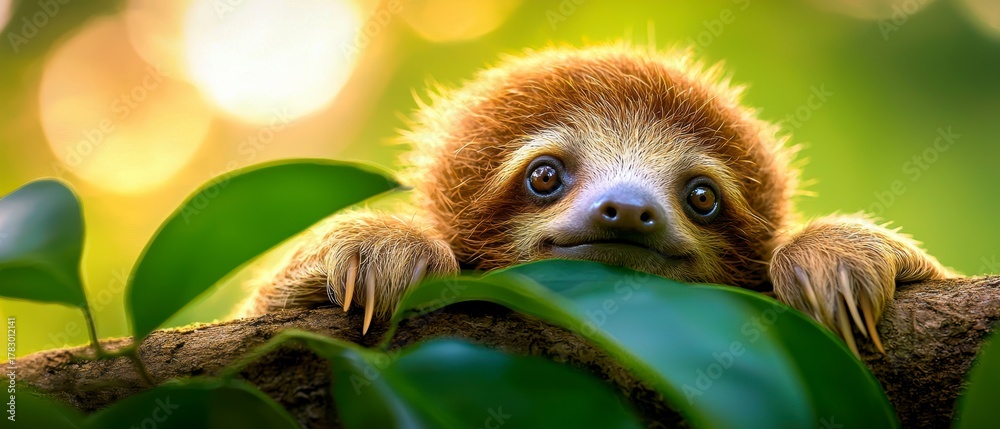 Naklejka premium Charming Sloth Encounter in Lush Rainforest Wildlife Photography Natural Habitat Close-Up Perspective