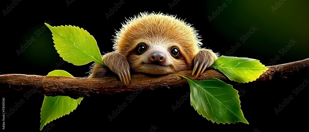 Fototapeta premium Charming Sloth Clinging to Branch Tropical Rainforest Wildlife Photography Lush Greenery Close-Up Animal Conservation