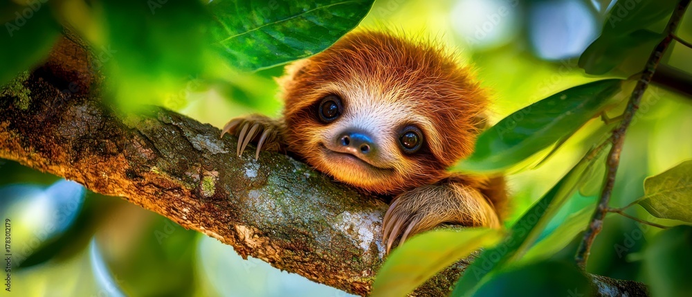Naklejka premium Sloth Relaxing on a Tree Branch Tropical Rainforest Wildlife Photography Lush Green Environment Close-Up View Conservation Awareness
