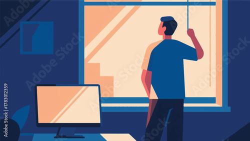 Illustration Vector Stylized Image Of A Person Taking A Deliberate Screen Break, Standing Up And Looking Out A Window Vector Design Template