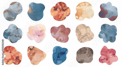 A collection of abstract watercolor shapes in various colors and textures, perfect for design elements, backgrounds, or creative projects with artistic flair.