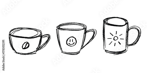Set of cute hand drawn cup of tea or coffee Simple mug clipart Cozy home doodle Single element for design