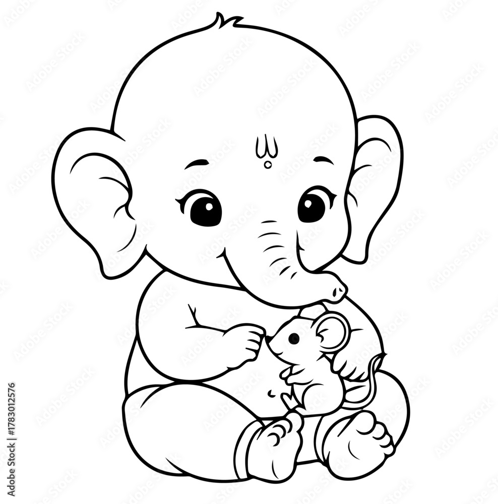 Naklejka premium Ganesha, Adorable baby elephant holding a tiny mouse in its trunk, sitting peacefully with a serene expression, symbolizing friendship and innocence.