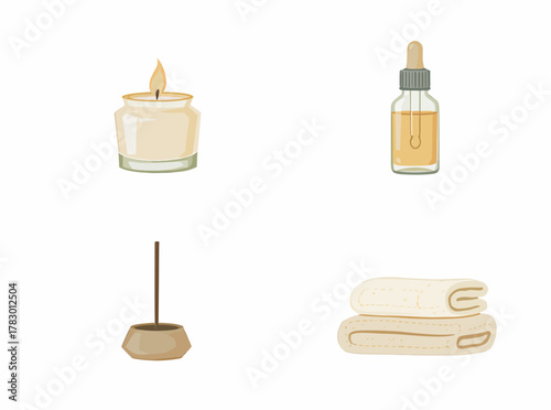 A collection of spa and relaxation essentials including a scented candle, essential oil, incense, and fresh towels for self-care routines