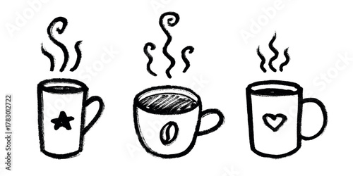 Set of cup of tea or coffee with rising steam Simple mug clipart Cozy home doodle Single element for print, web, design, decor
