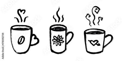 Set of cup of tea or coffee with rising steam Simple mug clipart Cozy home doodle Single element for print, web, design, decor