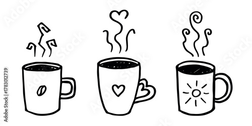 Set of cup of tea or coffee with rising steam Simple mug clipart Cozy home doodle Single element for print, web, design, decor