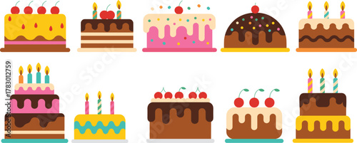 Stylized cakes, colorful desserts, birthday treats, icing decoration, candles, cherries, layered sweets, cartoon pastry, celebration food, festive bakery art