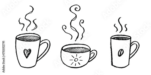 Set of cup of tea or coffee with rising steam Simple mug clipart Cozy home doodle Single element for print, web, design, decor