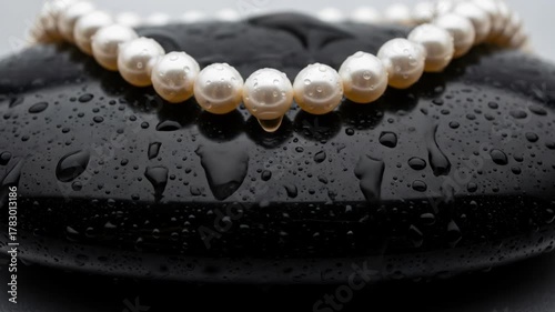 Elegant pearl necklace resting on smooth wet black stone with water droplets. Sophisticated jewelry with pearl necklace on wet stone.