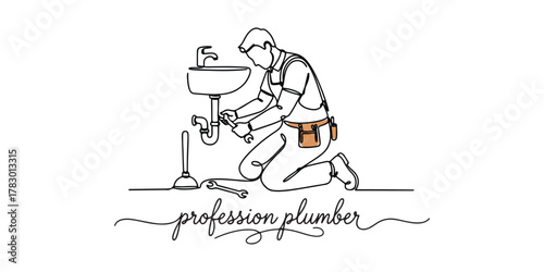 Minimalist line art illustration of a professional plumber fixing a sink pipe. Ideal for home repair services, plumbing business branding, maintenance blogs, technical training visuals