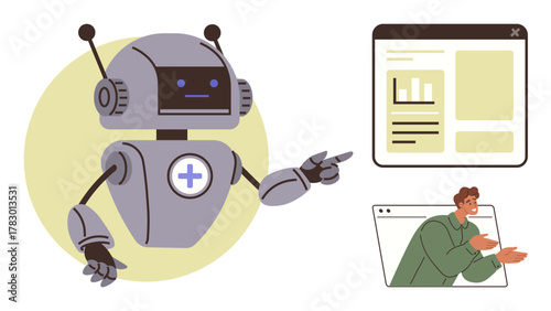 Robot pointing at a data dashboard while a man interacts via a video call window. Ideal for AI, technology, virtual assistant, customer support, automation, innovation, human-machine collaboration