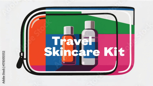 Illustration Vector Travel Skincare Kit, Showing Mini-Sized Bottles And A Clear Pouch Vector Design Template