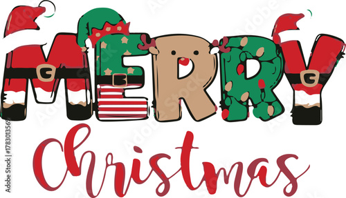Merry Christmas cartoon caligraphy poster, vector, art work 