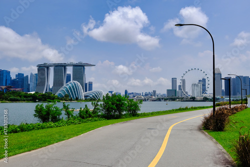 Singapore - East coast park walking trail - Scenic walking way with Marina Bay Sands and Gardens by the Bay