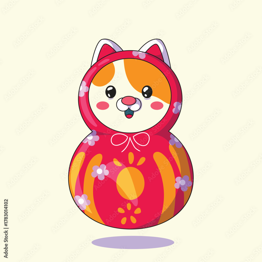 Fototapeta premium Cute cat transformed into a charming Daruma doll, inspired by Japanese culture, symbolizing luck and perseverance.