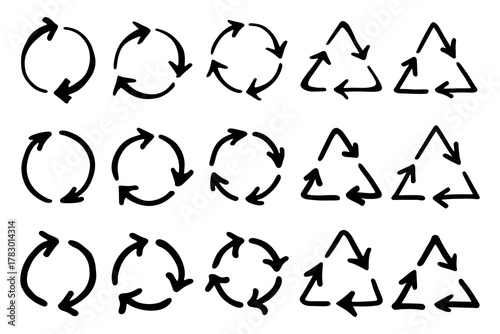 Set of hand drawn recycle arrow icon Recycling resources symbol Reuse of materials, zero waste, green environment, saving the planet