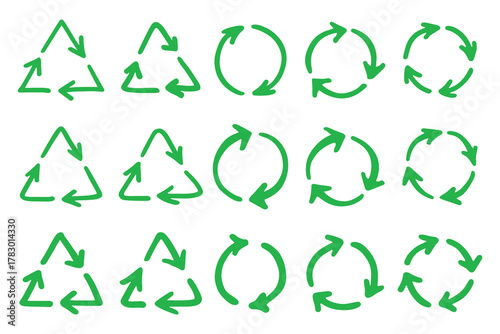 Set of hand drawn recycle arrow icon Recycling resources symbol Reuse of materials, zero waste, green environment, saving the planet