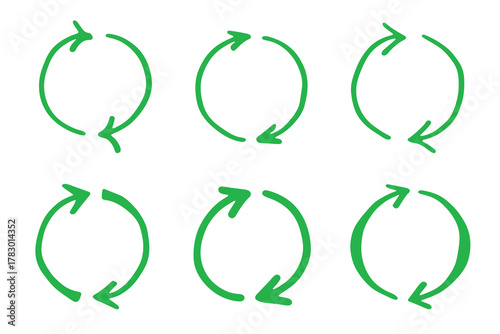 Set of hand drawn recycle arrow icon Recycling resources symbol Reuse of materials, zero waste, green environment, saving the planet