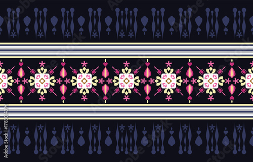 A warm vintage floral border pattern combining soft pink, yellow, and purple tones on a dark background, creating a cozy. Perfect for retro fabric prints, bohemian textiles and wallpapers.
