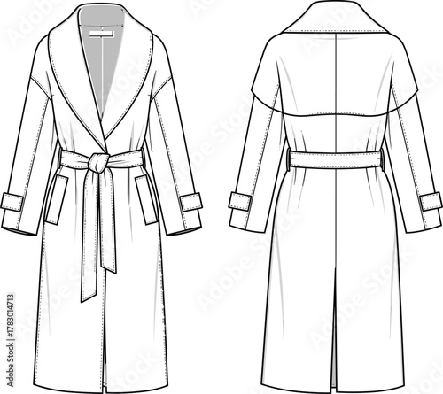 PrintFashion technical flat of elegant long trench coat design, belted robe style outerwear, stylish women's clothing illustration, detailed garment sketch, fashion design template