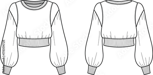 PrintFashion technical flat sketch of cropped sweatshirt for women with long puff sleeves, ribbed waistband, cuffs, round neck, apparel design template.