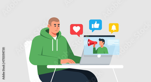 Man engaging with social media content on a laptop, with likes, hearts, and notification icons floating above