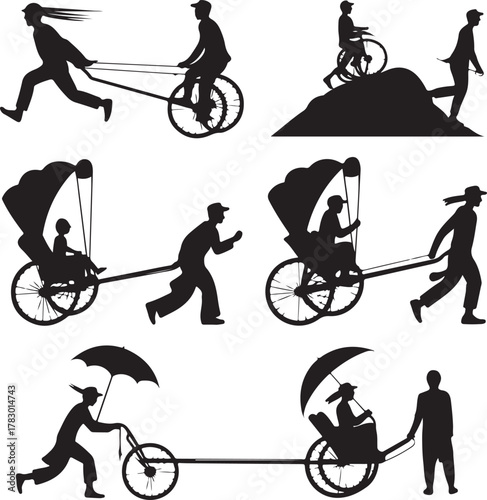 Black silhouette vector illustration of rickshaw drivers and passengers transportation